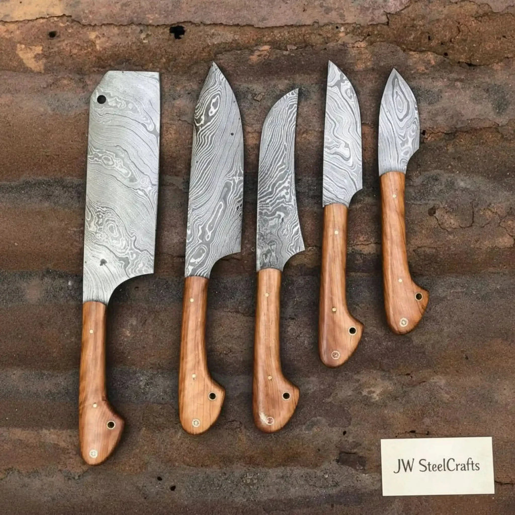 5-Piece Damascus Kitchen Knife Set — Cleaver, Chef, Utility, Boning & Paring with Olive Wood Handles & Brass Pins