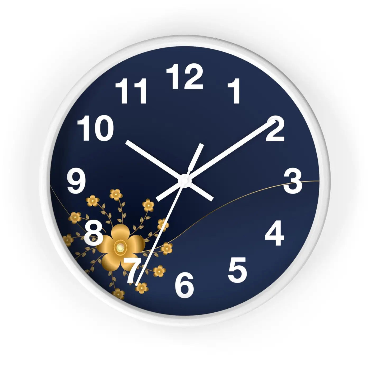 Navy Floral Wall Clock – Gold Blossom Decorative - Dipaliz