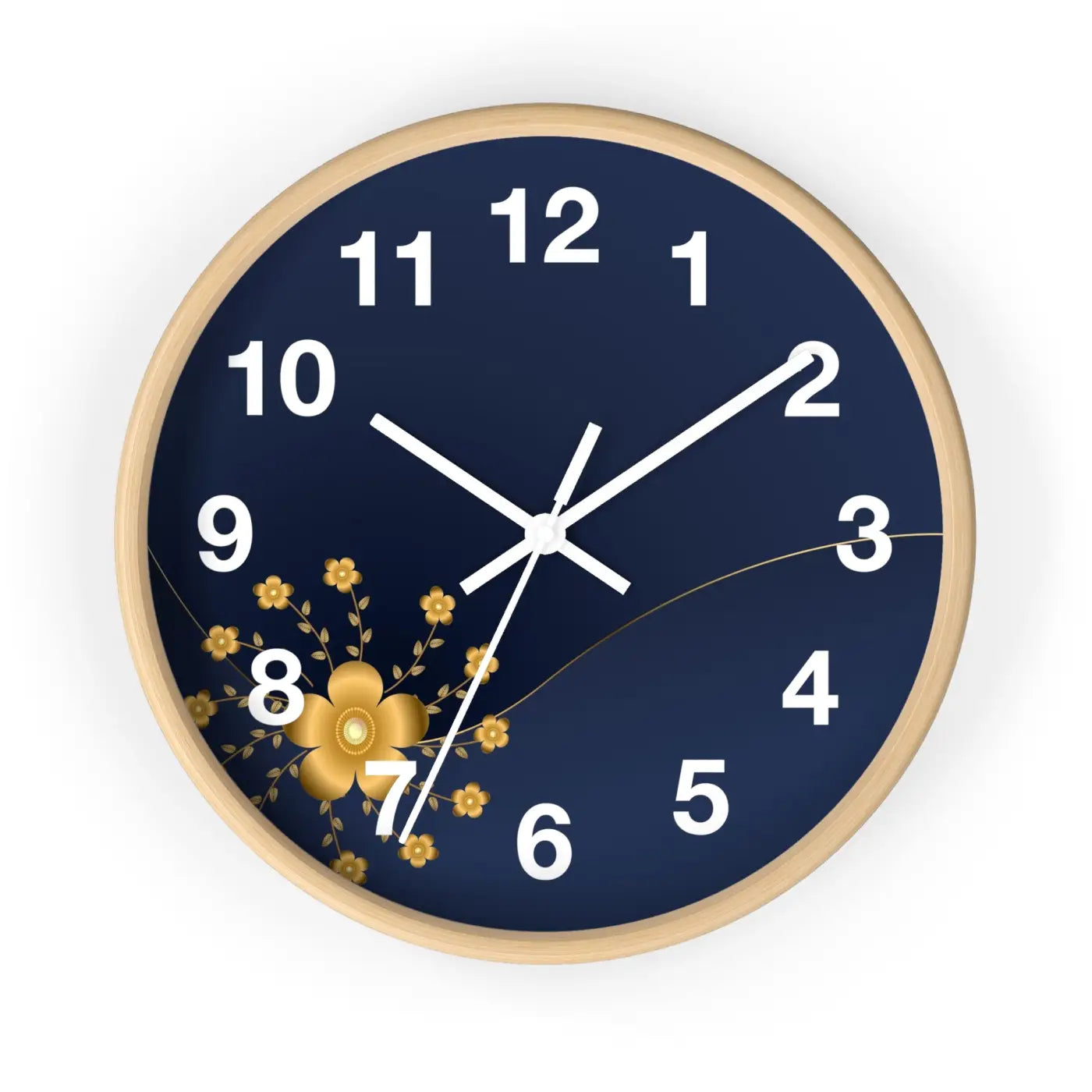 Navy Floral Wall Clock – Gold Blossom Decorative - Dipaliz