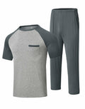 MoFiz Men’s Pajama Set V-Neck Short Sleeve Sleepwear Striped Grey Blue Size M
