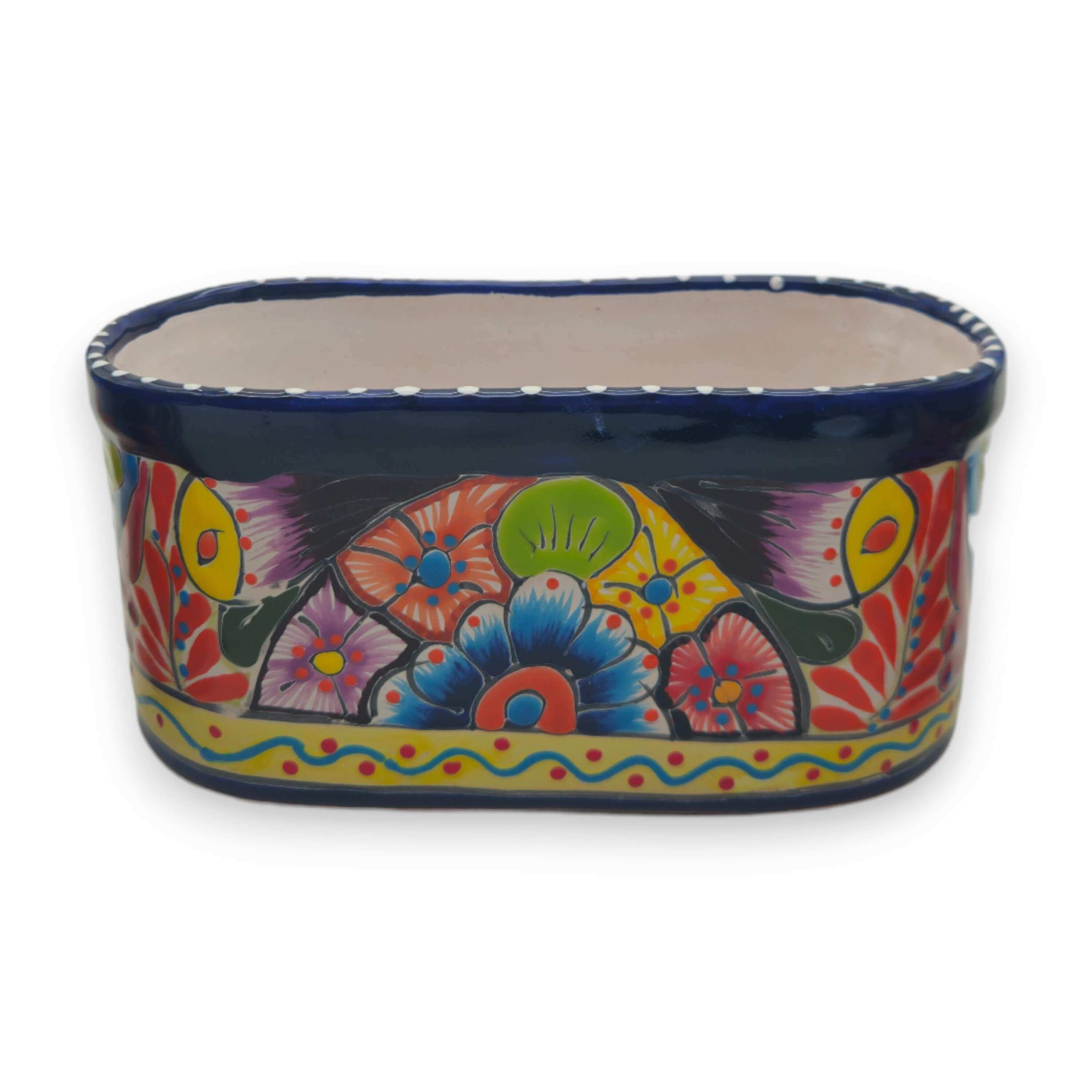 Oval Blue Rim Talavera Planter | Handcrafted Mexican Pot