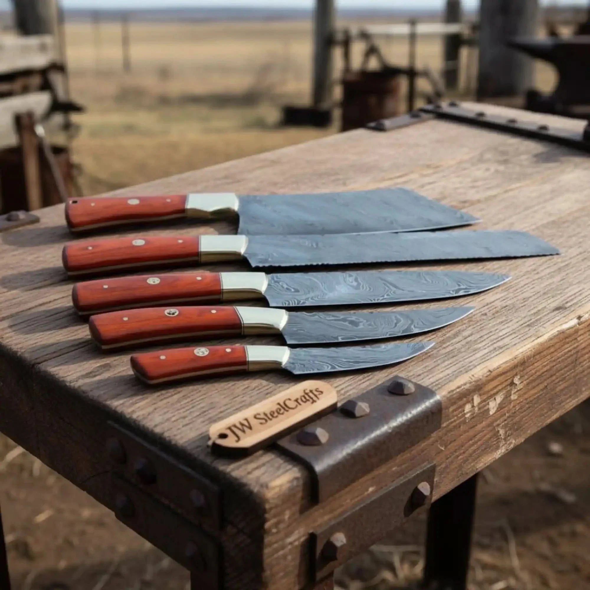 5 Piece Damascus Kitchen Knife Set with Rosewood Handles, Cleaver Bread Chef Utility and Paring Knives, Handmade Professional Cooking Set