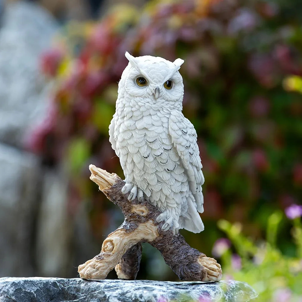 Realistic White Owl Garden Statue Perched on Branch