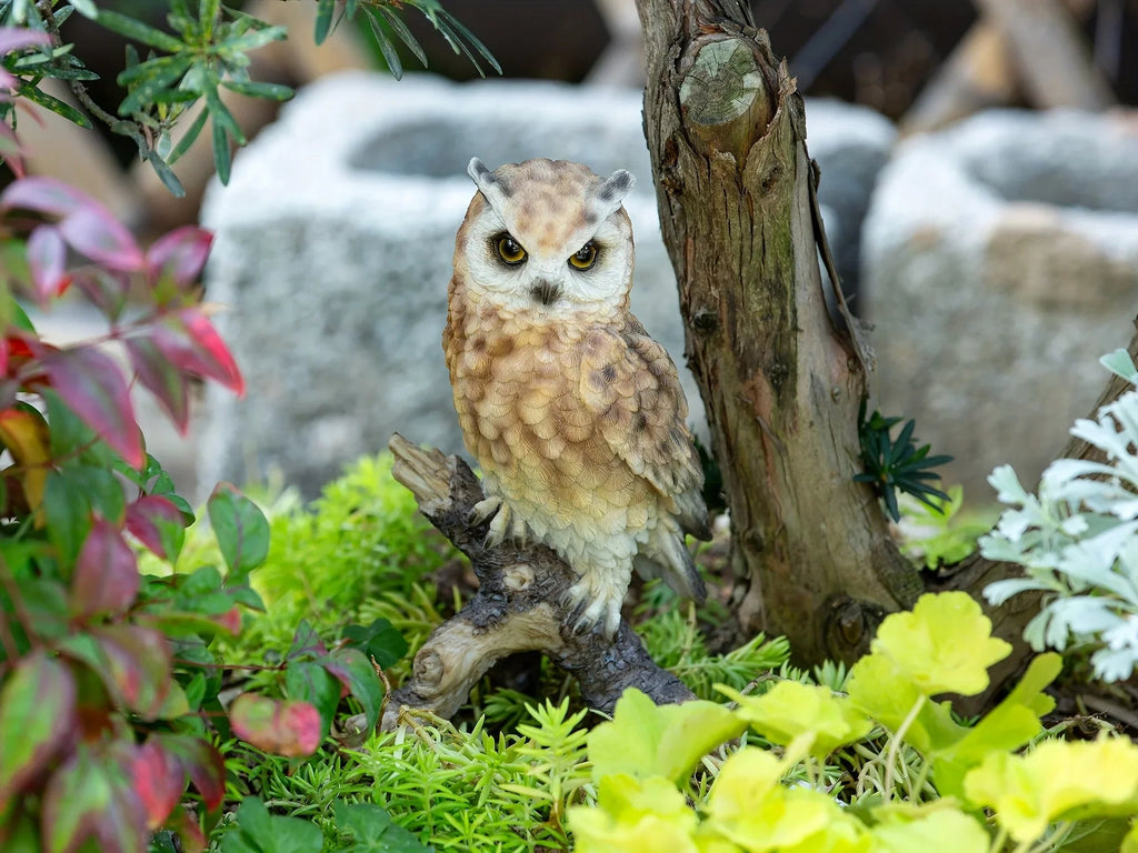 Realistic White Owl Garden Statue Perched on Branch