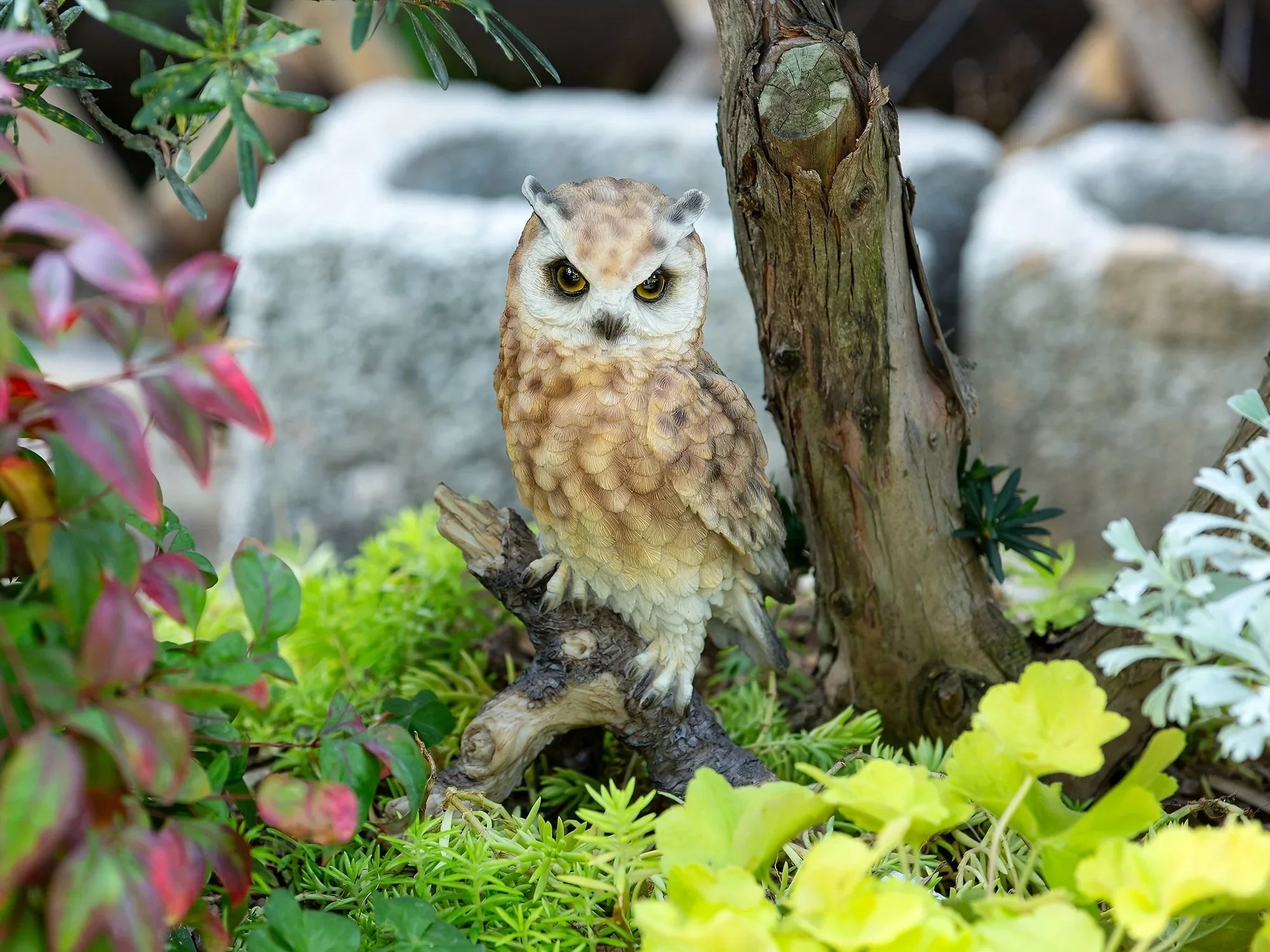 Realistic White Owl Garden Statue Perched on Branch