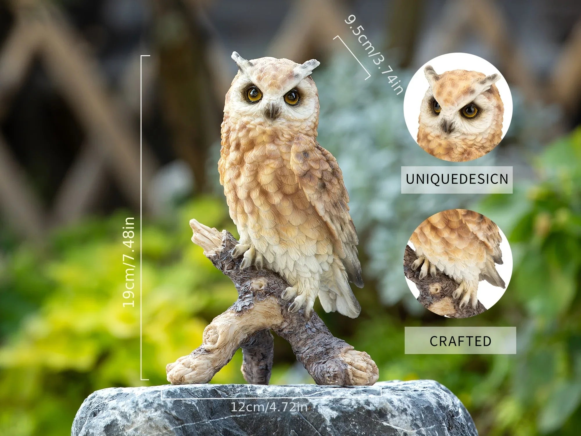 Realistic White Owl Garden Statue Perched on Branch