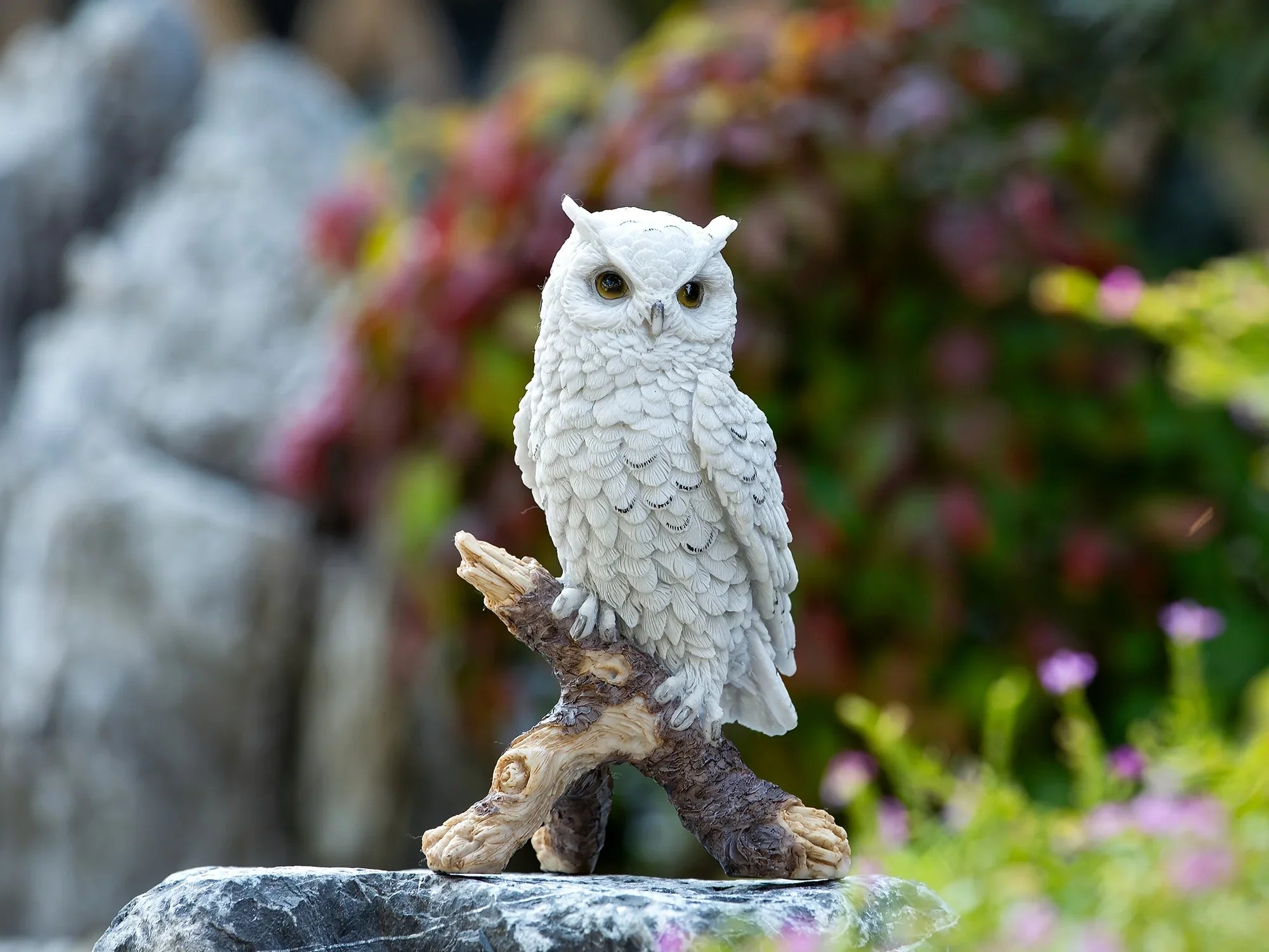 Realistic White Owl Garden Statue Perched on Branch