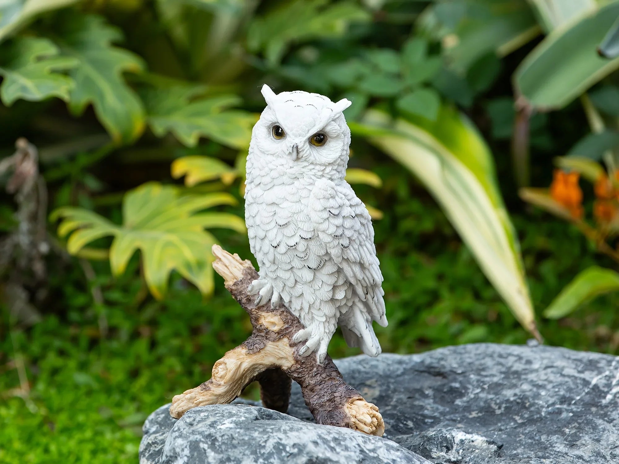 Realistic White Owl Garden Statue Perched on Branch