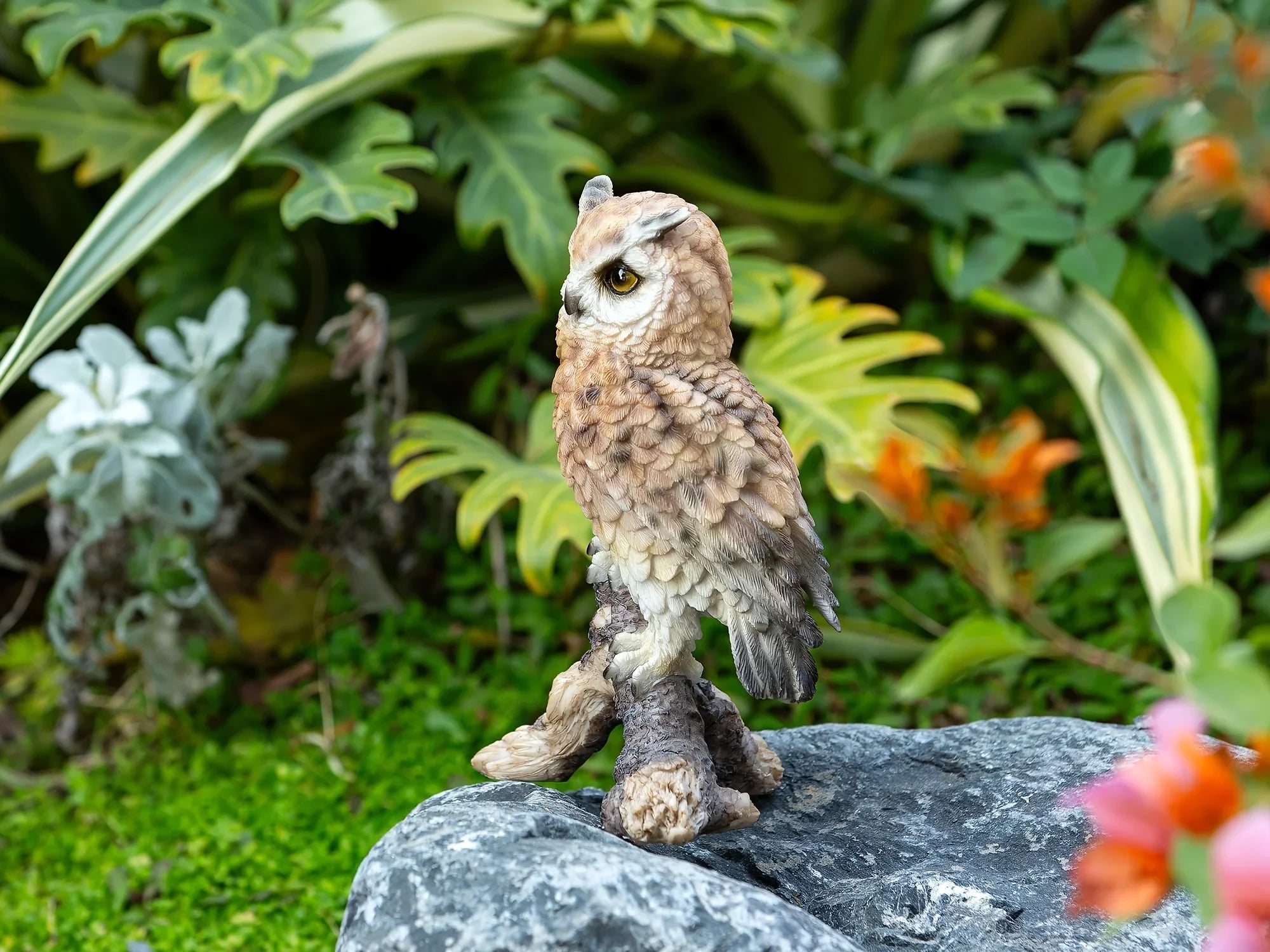 Realistic White Owl Garden Statue Perched on Branch