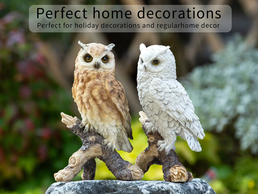 Realistic White Owl Garden Statue Perched on Branch