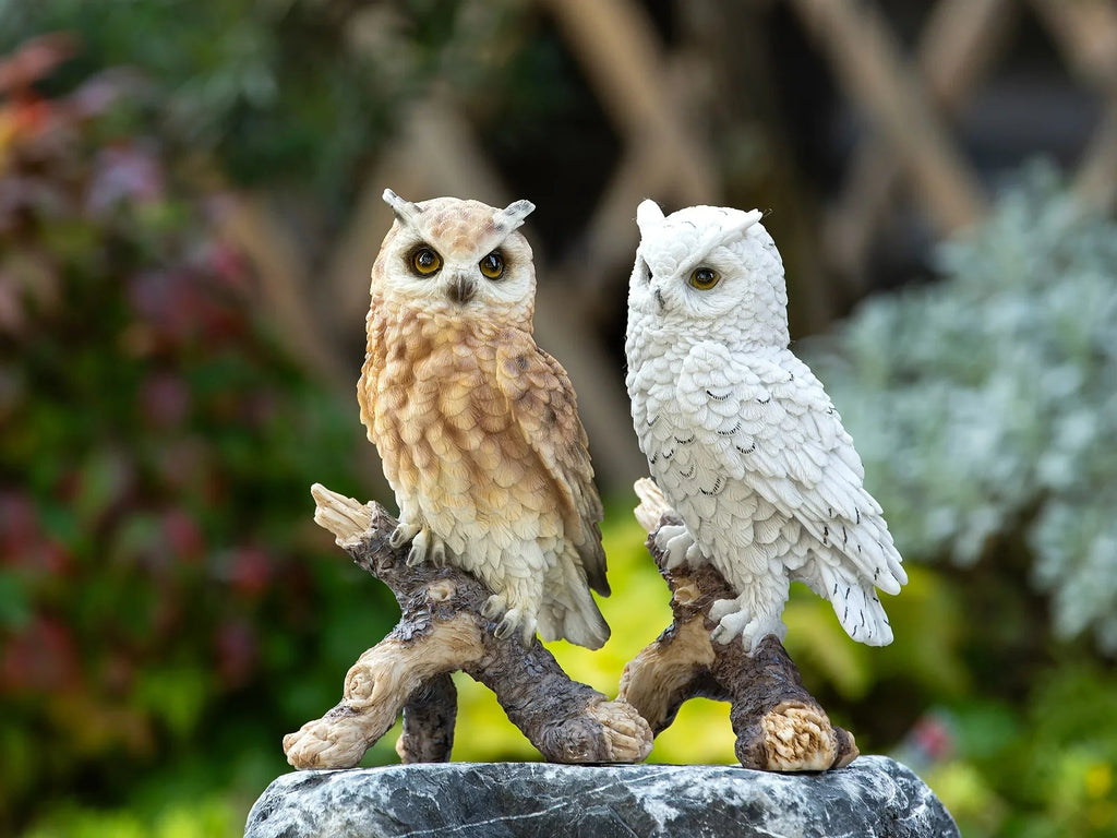 Realistic White Owl Garden Statue Perched on Branch