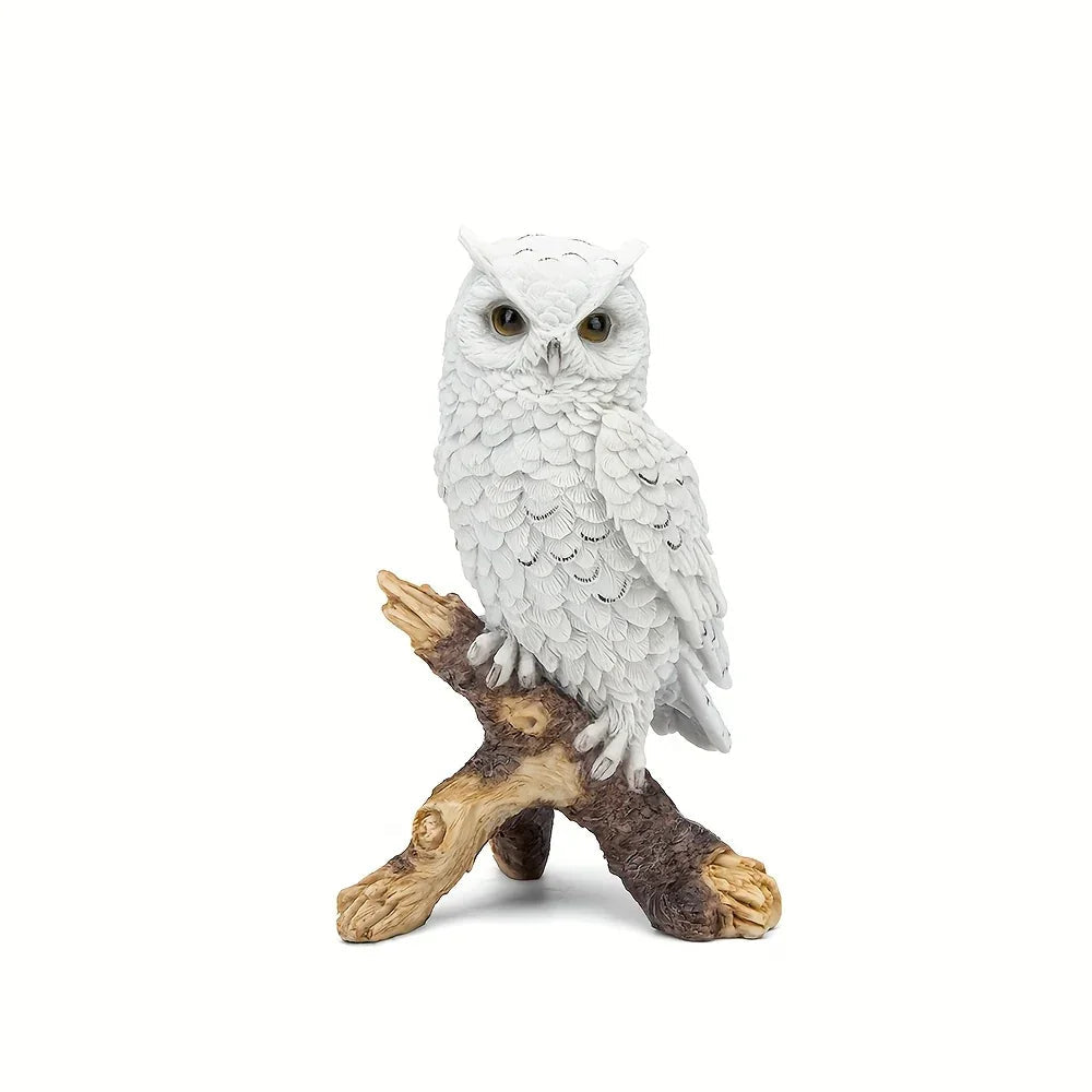 Realistic White Owl Garden Statue Perched on Branch