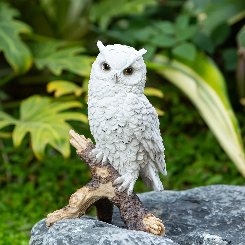 Realistic White Owl Garden Statue Perched on Branch