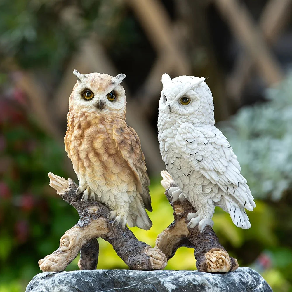 Realistic White Owl Garden Statue Perched on Branch