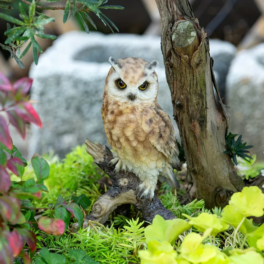 Realistic White Owl Garden Statue Perched on Branch