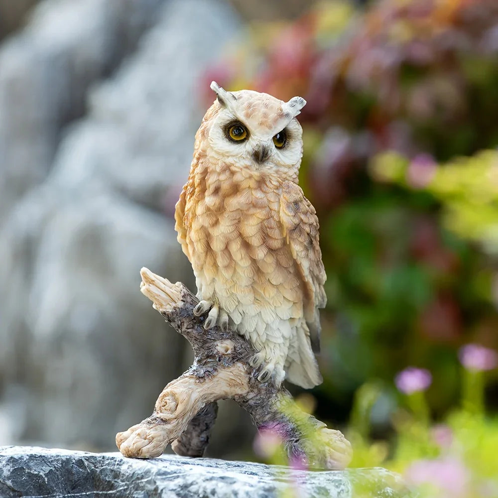 Realistic White Owl Garden Statue Perched on Branch