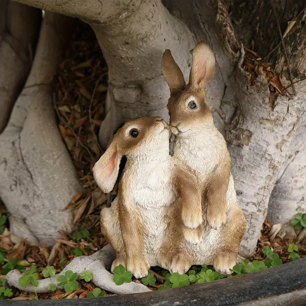 Resin Rabbit Couple Garden Statues for Patio and Balcony