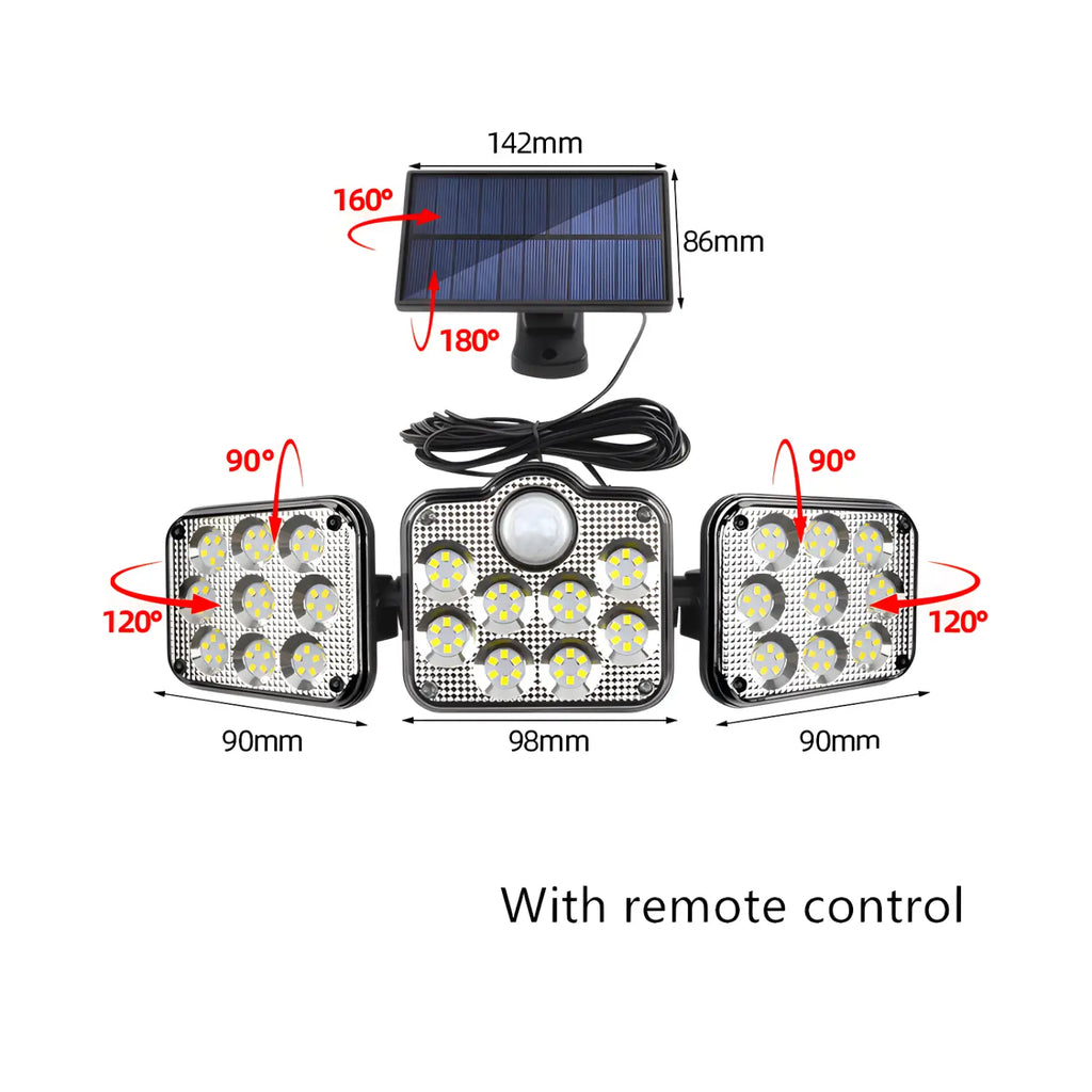 Solar Lamp Outdoor Flood Light with Motion Sensor, 3 Heads, IP65 Waterproof