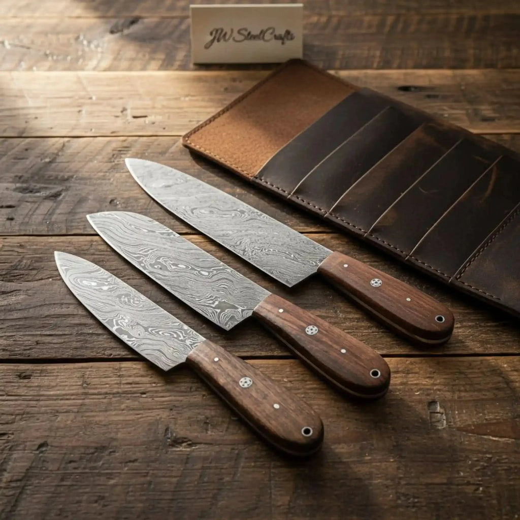 Handmade Damascus Steel Knife Set with Leather Roll, Rosewood Handle Kitchen Collection