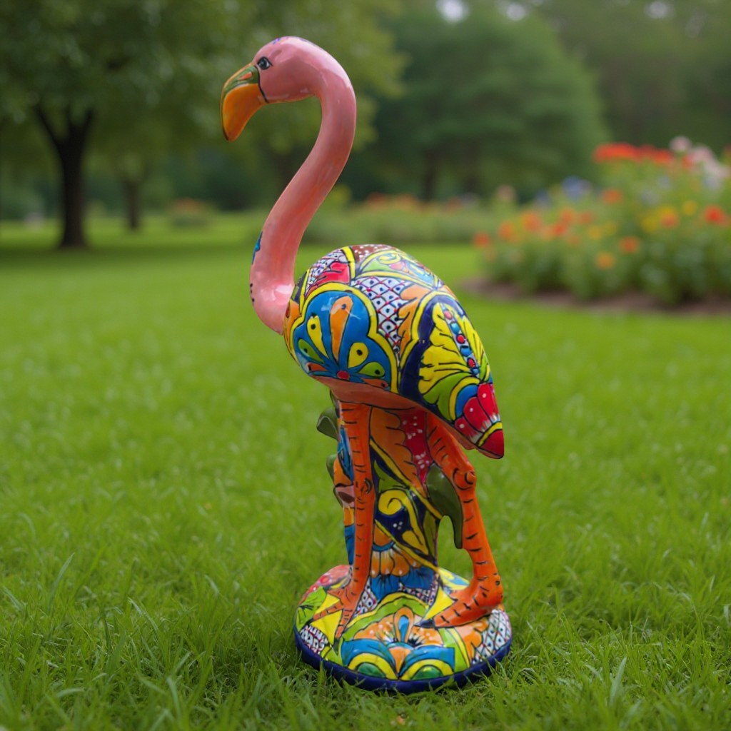 Talavera Pink Flamingo Sculpture | Vibrant Garden Art