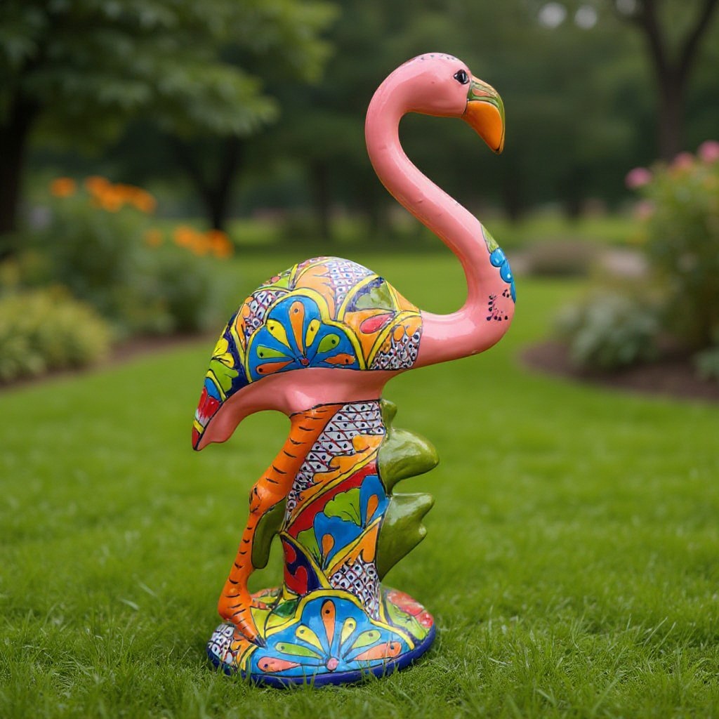 Talavera Pink Flamingo Sculpture | Vibrant Garden Art
