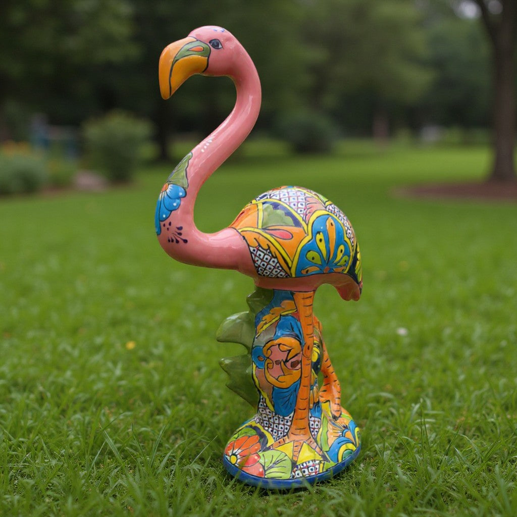 Talavera Pink Flamingo Sculpture | Vibrant Garden Art