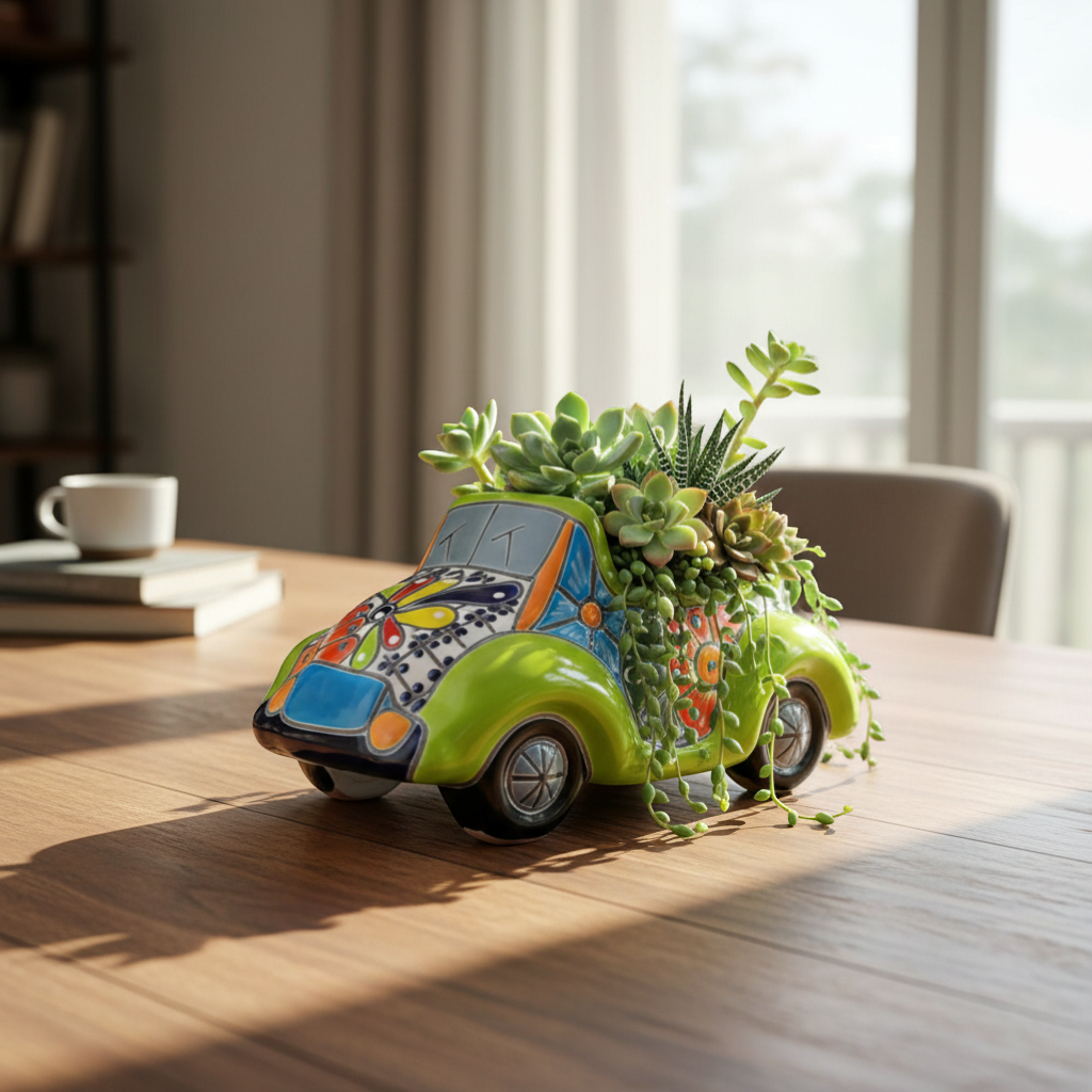 Colorful Hand-Painted Talavera Car Planter | Small Ceramic Car Statue