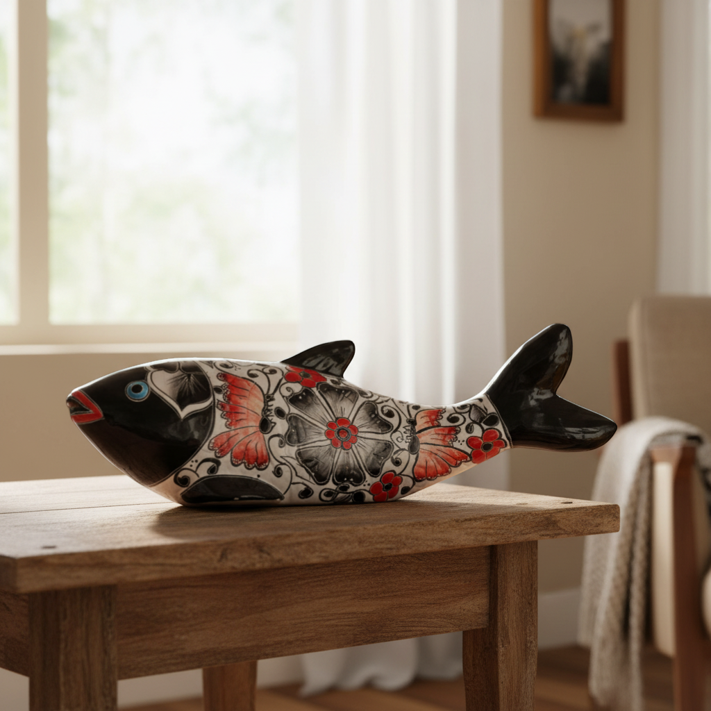 Handmade Talavera Fish Statue | Large Colorful Cultural Art
