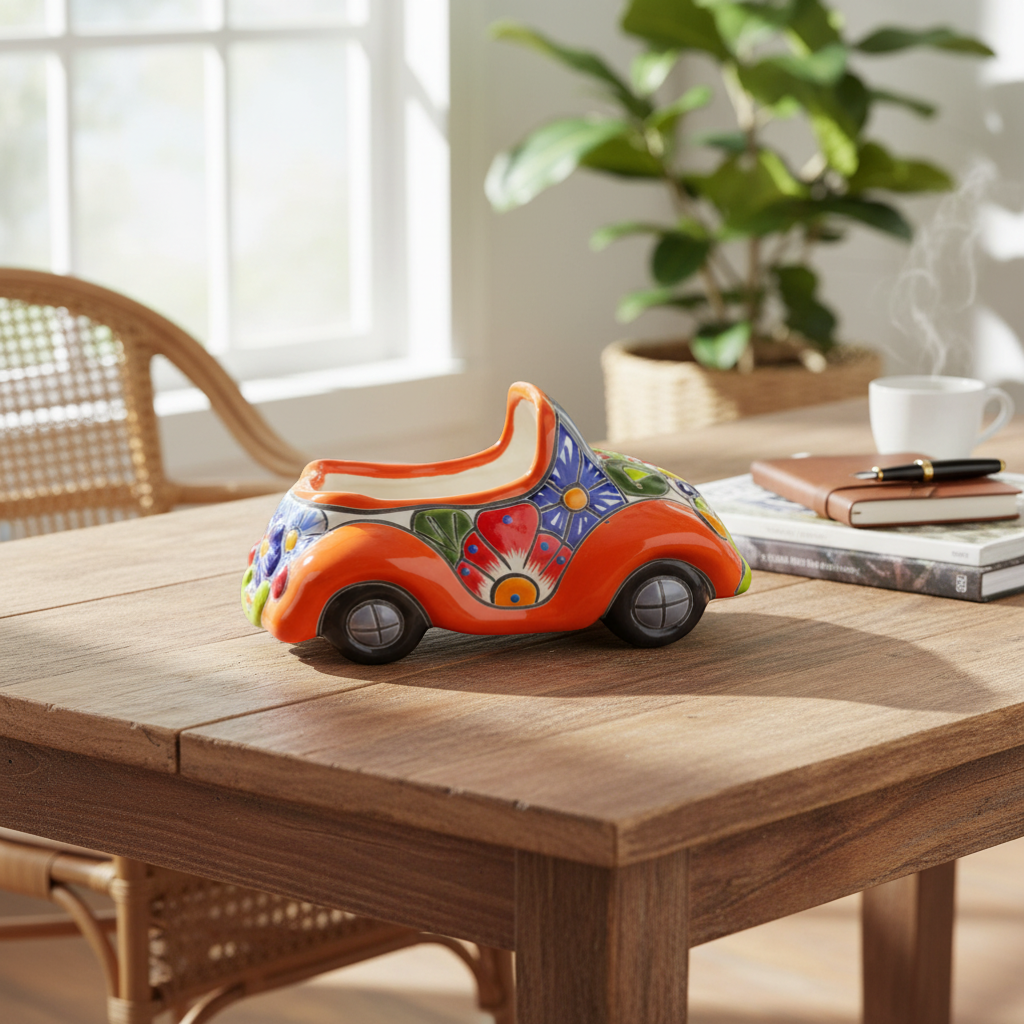 Colorful Hand-Painted Talavera Car Planter | Small Ceramic Car Statue