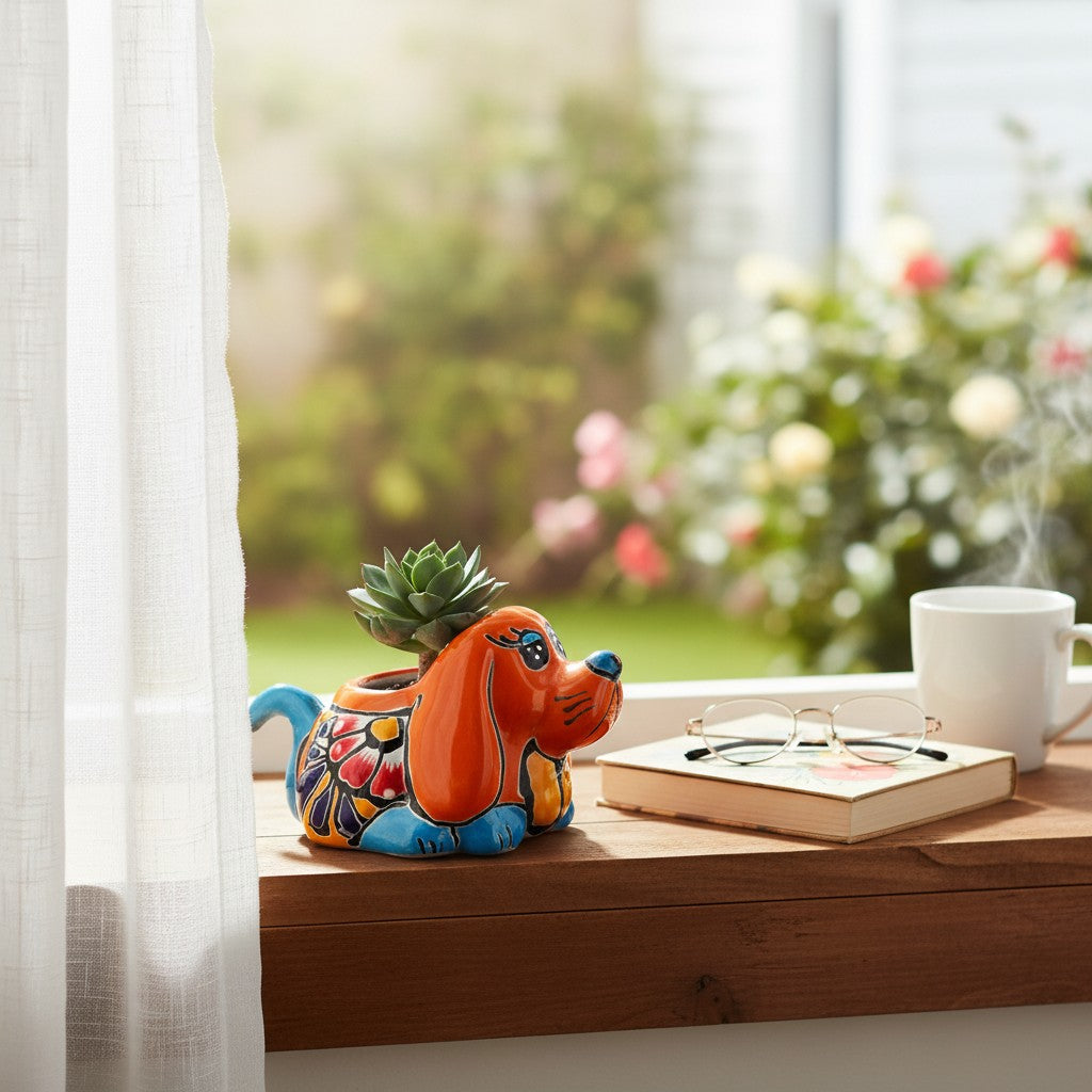 Vibrant Hand-Painted Talavera Dog Planter | Small Mexican Animal Pottery