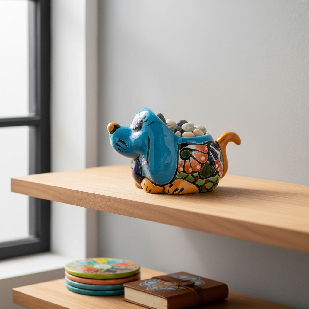 Vibrant Hand-Painted Talavera Dog Planter | Small Mexican Animal Pottery