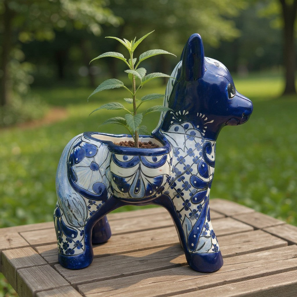 Blue & White Talavera Donkey Planter | Handcrafted Mexican Art