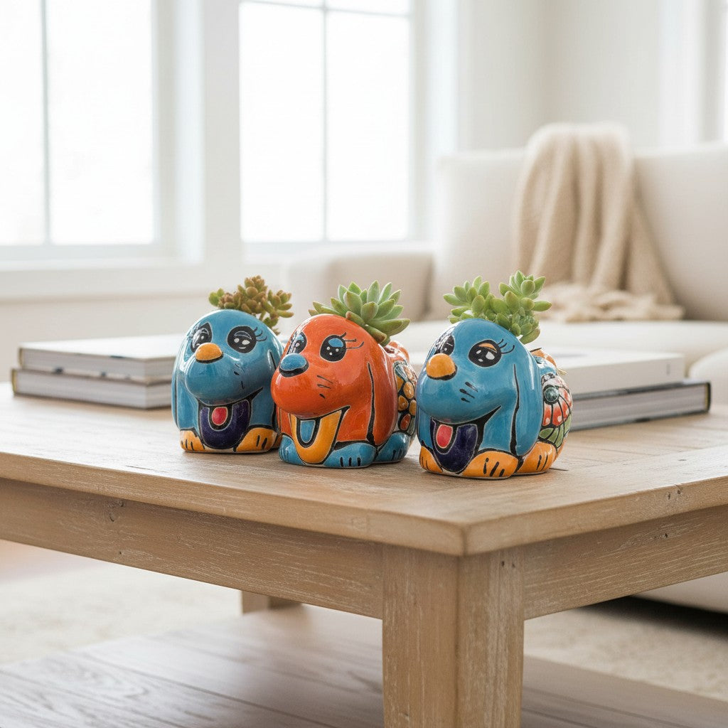 Vibrant Hand-Painted Talavera Dog Planter | Small Mexican Animal Pottery