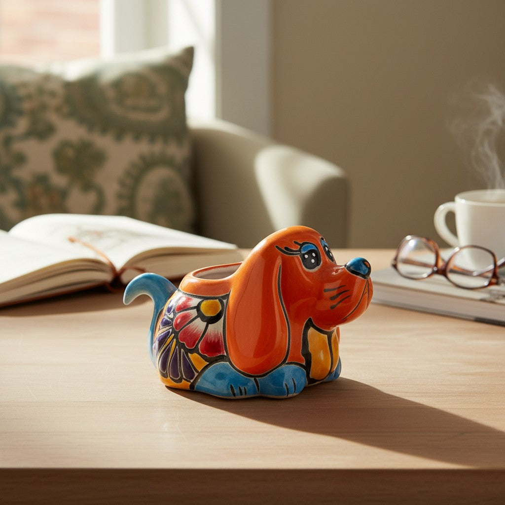 Vibrant Hand-Painted Talavera Dog Planter | Small Mexican Animal Pottery