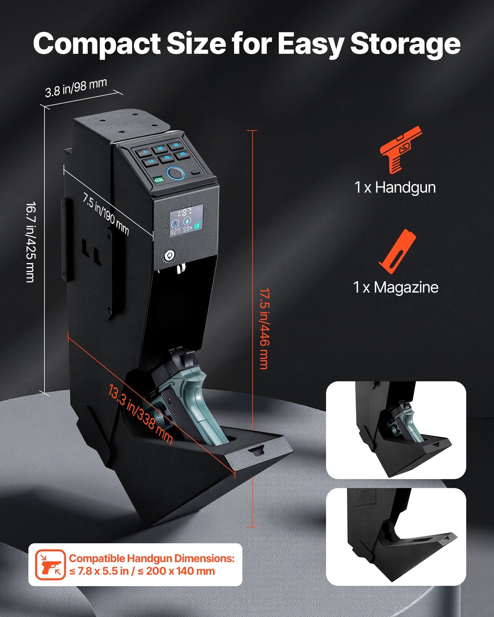 Gun Safe, Slider Handgun Gun Safe with Screen, Fingerprint/Password/Key, 3-Way Quick Access Firearm Case Box with LED for 1 Pistol & Magazine, Mounted Gun Box for Nightstand Bedside Desk Car