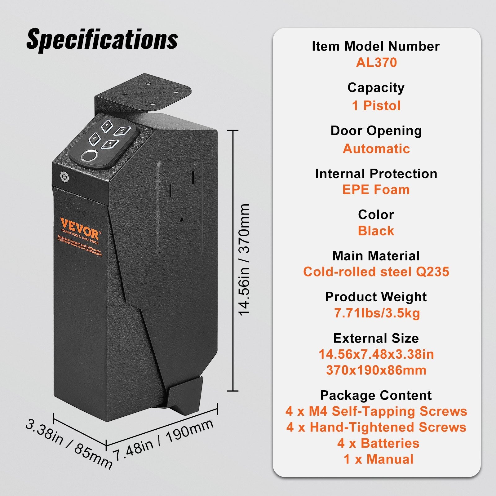 Mounted Gun Safe for Pistols, Biometric Gun Safe with Three Quick Access Ways of Fingerprints, Passwords and Keys, Handgun Safe for 1 Pistol for Home, Bedside, Nightstand, Wall