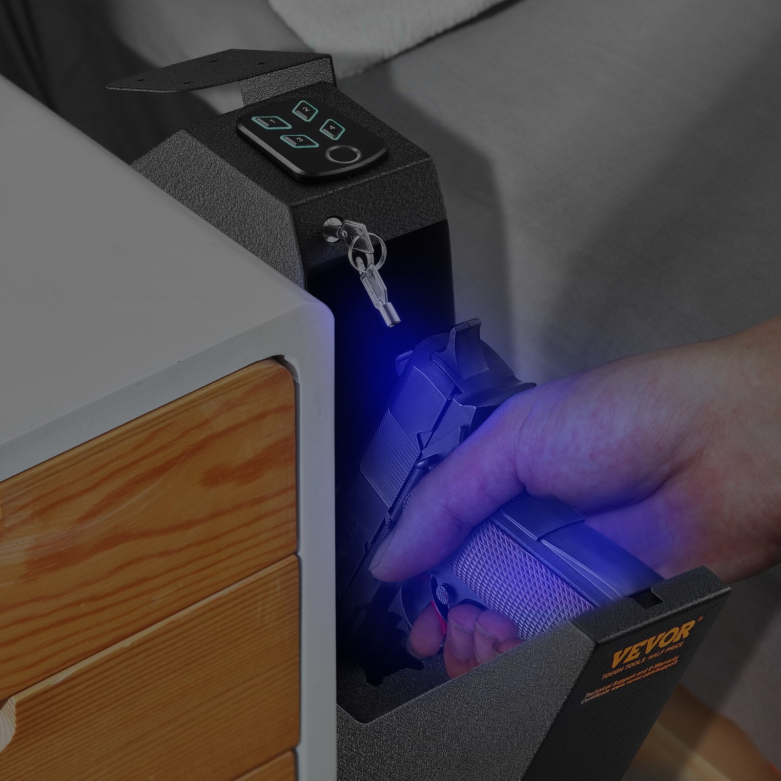 Mounted Gun Safe for Pistols, Biometric Gun Safe with Three Quick Access Ways of Fingerprints, Passwords and Keys, Handgun Safe for 1 Pistol for Home, Bedside, Nightstand, Wall