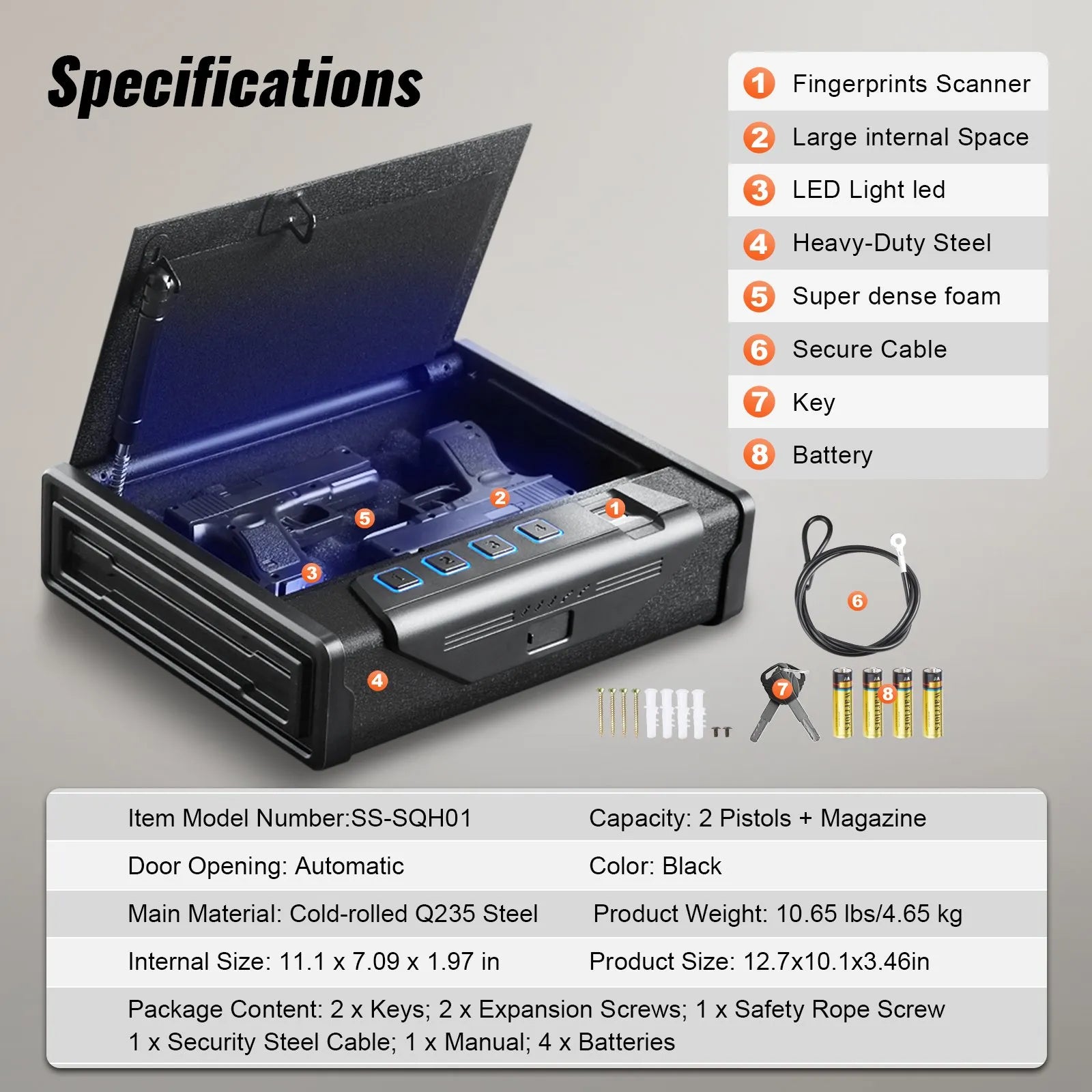 Gun Safe for Pistols, Biometric Gun Safe with Three Quick Access Ways of Fingerprints, Passwords and Keys, Handgun Safe for 2 Pistols for Home, Bedside, Nightstand, Car