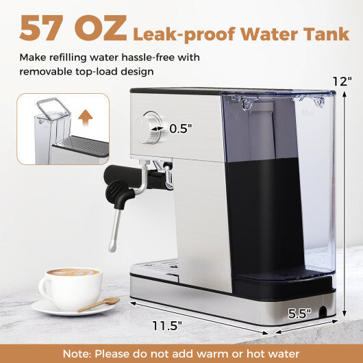 Costway Espresso Machine 20 Bar Compact Stainless Steel Coffee Maker with Milk Frother-Silver