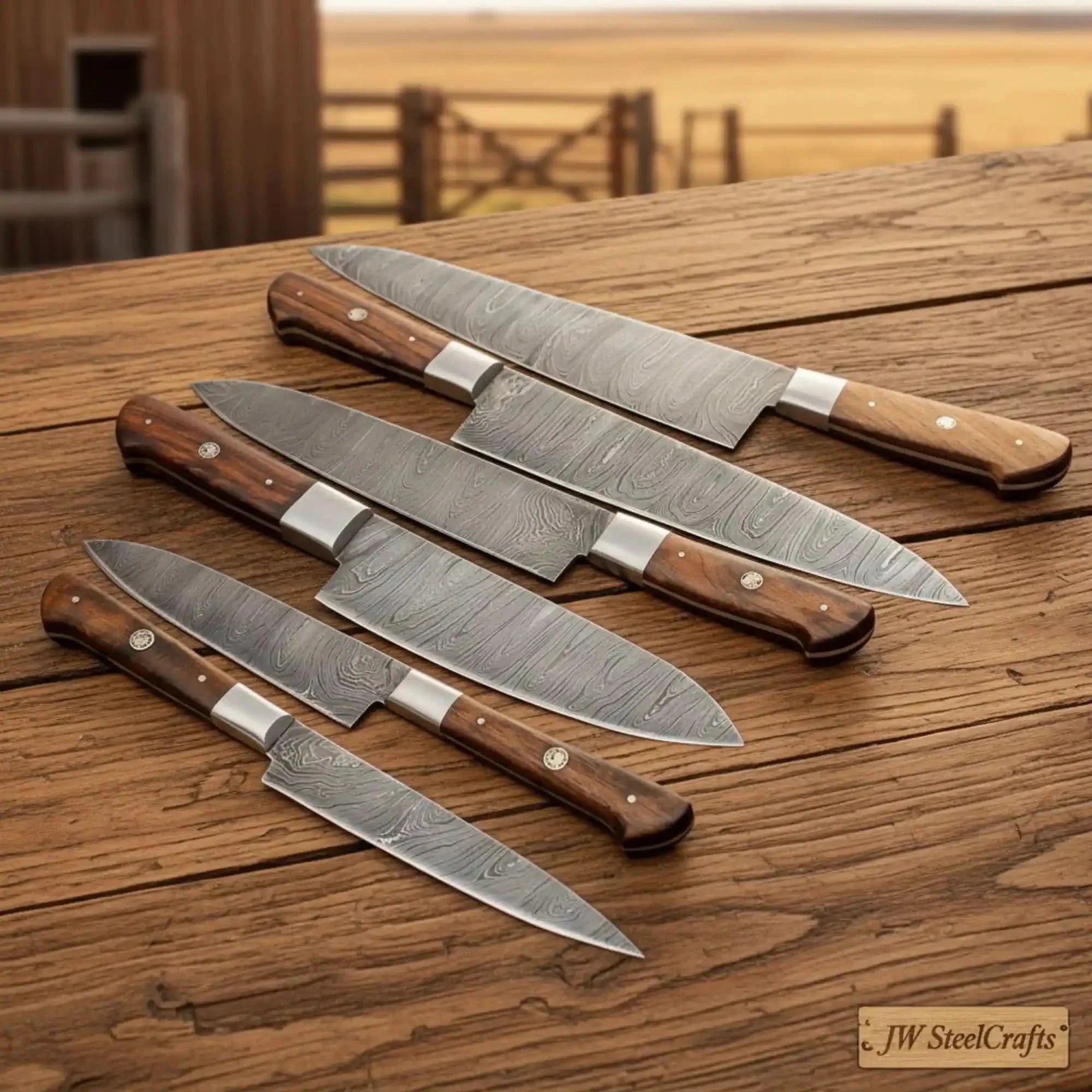 6-Piece Damascus Kitchen Knife Set — Gyuto, Slicer, Santoku & Rosewood Handles | JW SteelCrafts