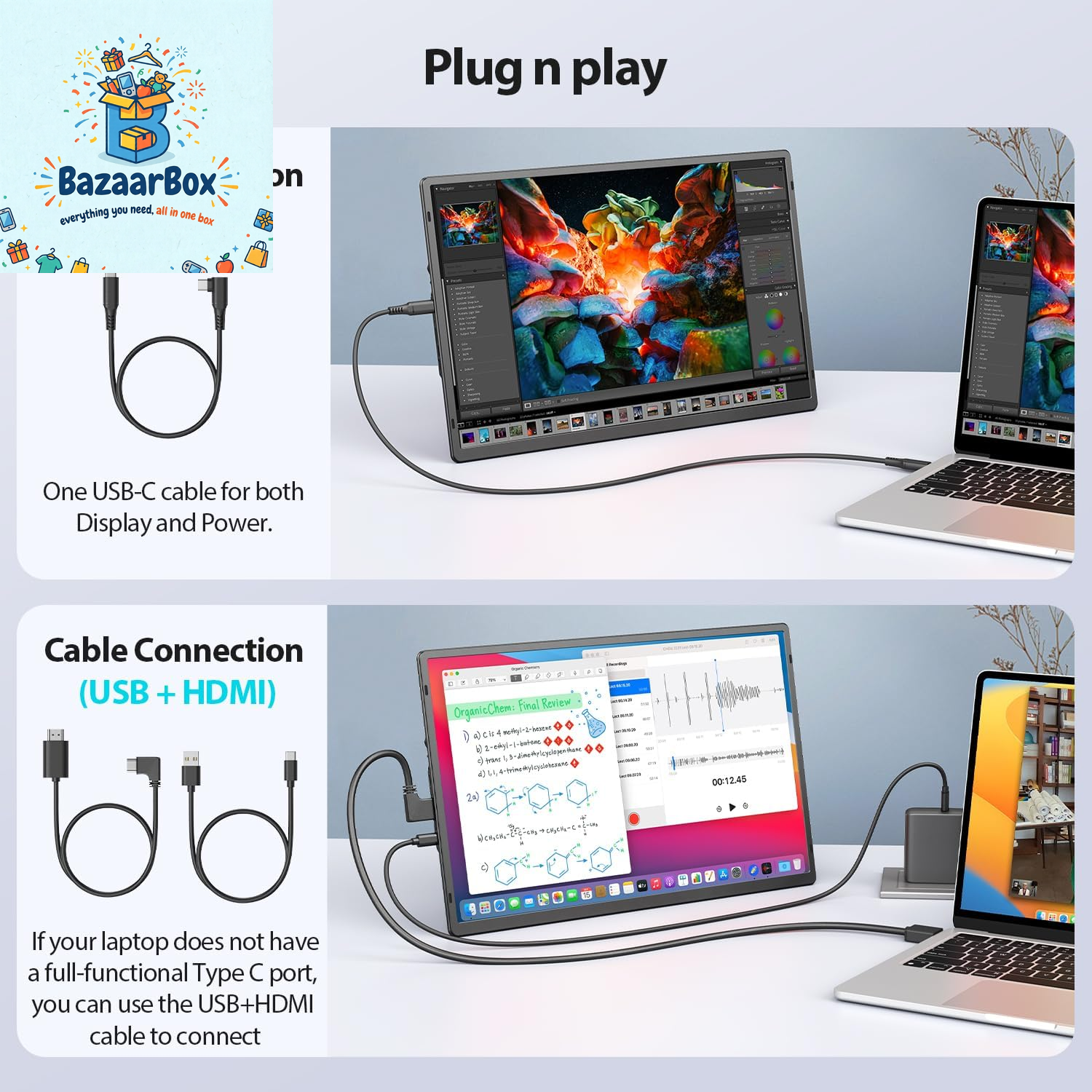 16.2'' Portable Monitor FHD 1200P USB-C/HDMI with Retractable Stand & Speakers, Ultra-Slim Computer Display HDR Eye Care Laptop Screen Plug-Play, External Monitor for MAC PC Phone PS4 Xbox