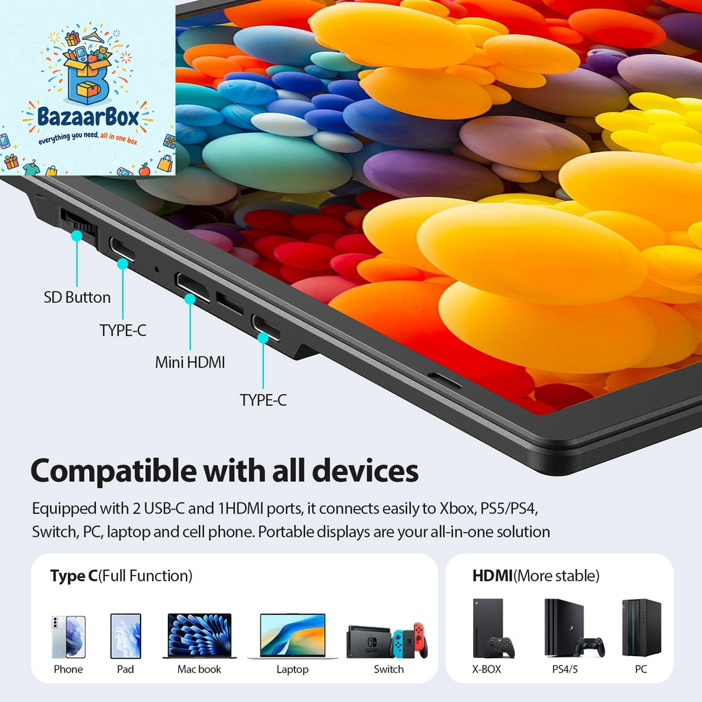 16.2'' Portable Monitor FHD 1200P USB-C/HDMI with Retractable Stand & Speakers, Ultra-Slim Computer Display HDR Eye Care Laptop Screen Plug-Play, External Monitor for MAC PC Phone PS4 Xbox