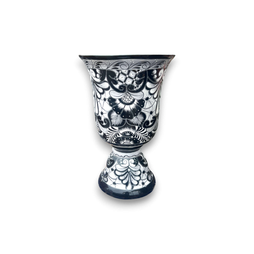 XL Black Talavera Planter | Hand-Painted Pedestal Flower Pot
